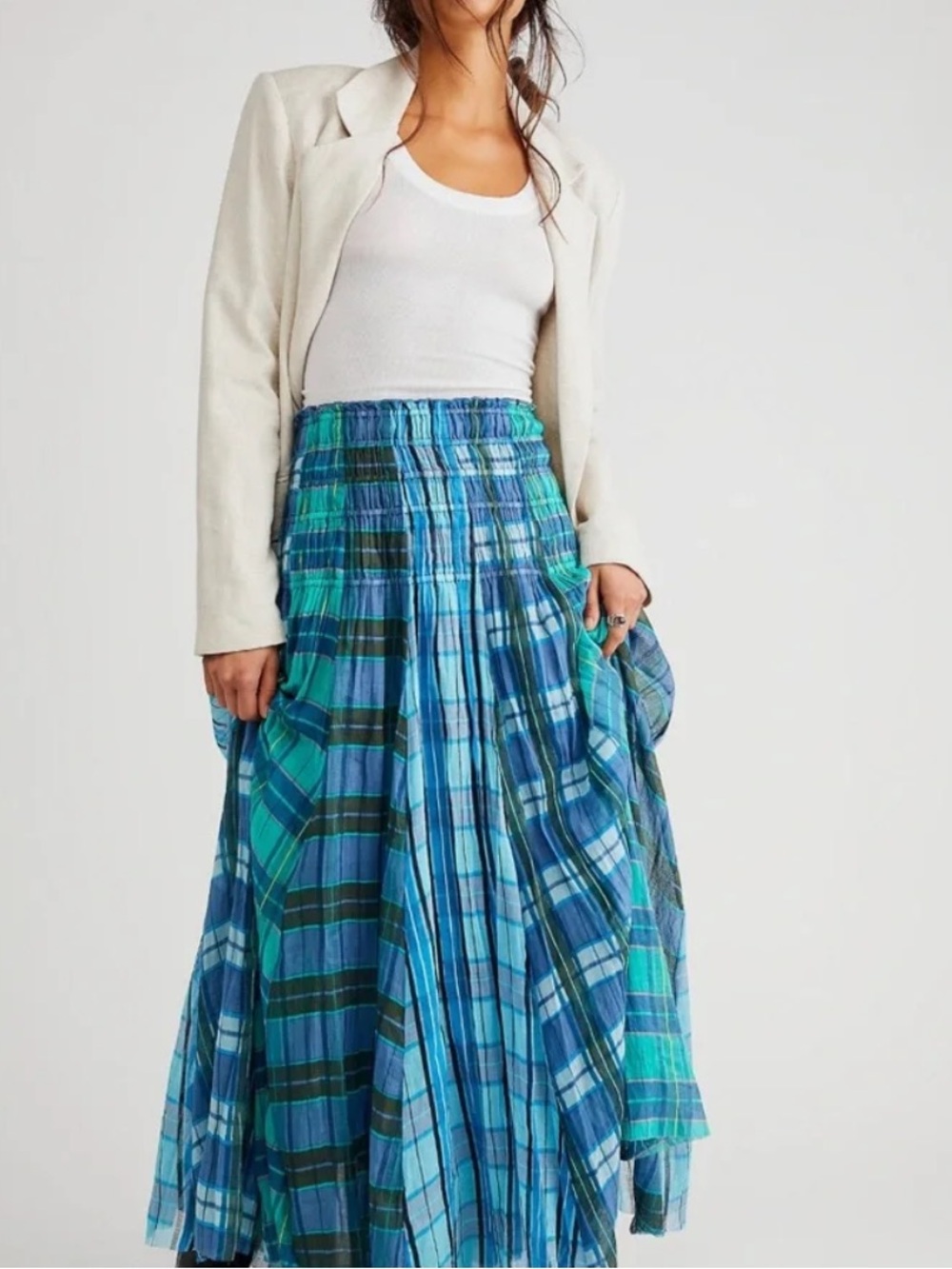 Free People Lausanne Convertible Maxi Skirt in a blue and green plaid colorway.